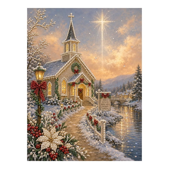 5D Christmas Church Pearl Diamond Painting Artwork Kit, Holiday Peace on Earth Blessing Pearl Bead Mosaic, Religious Faith Home Living Room Wall Decor Decorative Crafts for Adults