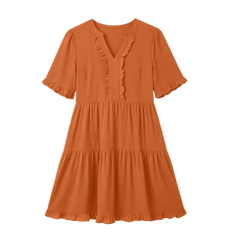 asdoklhq Elegant Dresses for Women Quinceanera Dresses Graduation Dress Sleeve Maxi Skirt Short Sleeved Round Neck Short with Thigh Length Hem Orange L