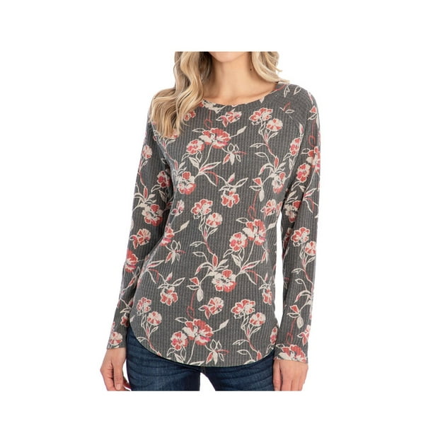 Peace & Pearls - Peace and Pearls Womens Size Large Waffle Knit Tunic Top, Graphic Floral Print