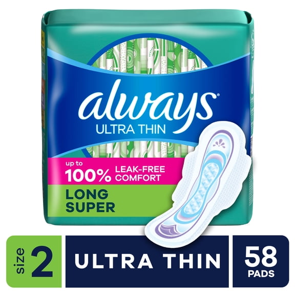 Always Pads, Ultra Thin with Wings, Size 2, Long Super Absorbency, 58 Count