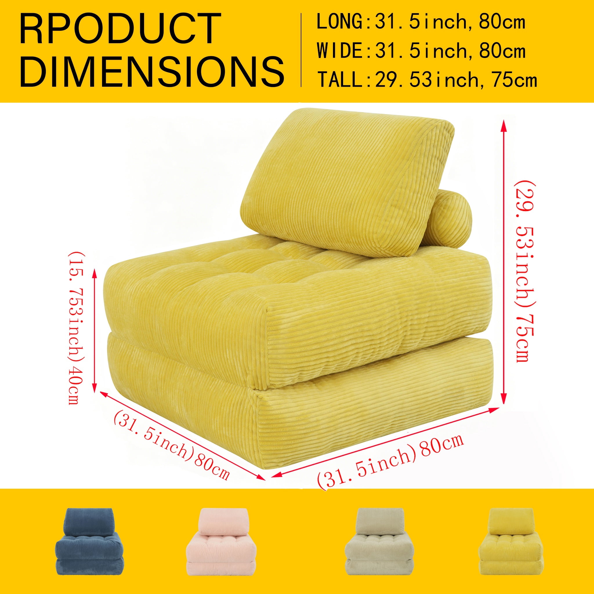 PAPROOS Bean Bag Chair for Adults, Corduroy Bean Bag Lounger, Convertible Floor Sofa Bed, Comfy Lounge Chair with Back Support for Bedroom, Dorm, Game Room and Living Room, Yellow