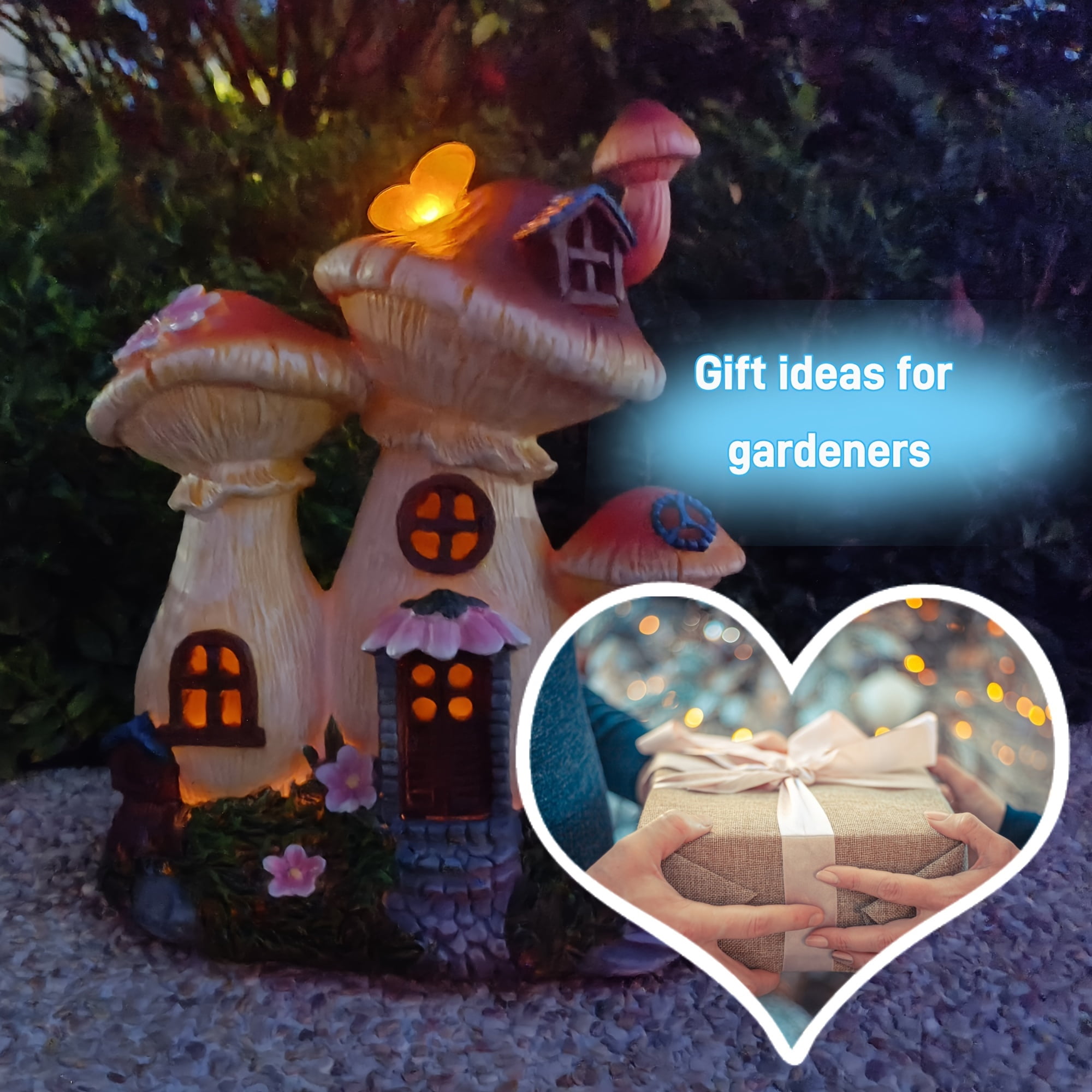 Outdoor Garden Statue Decor, Solar Mushroom House Sculptures with Glowing Butterfly