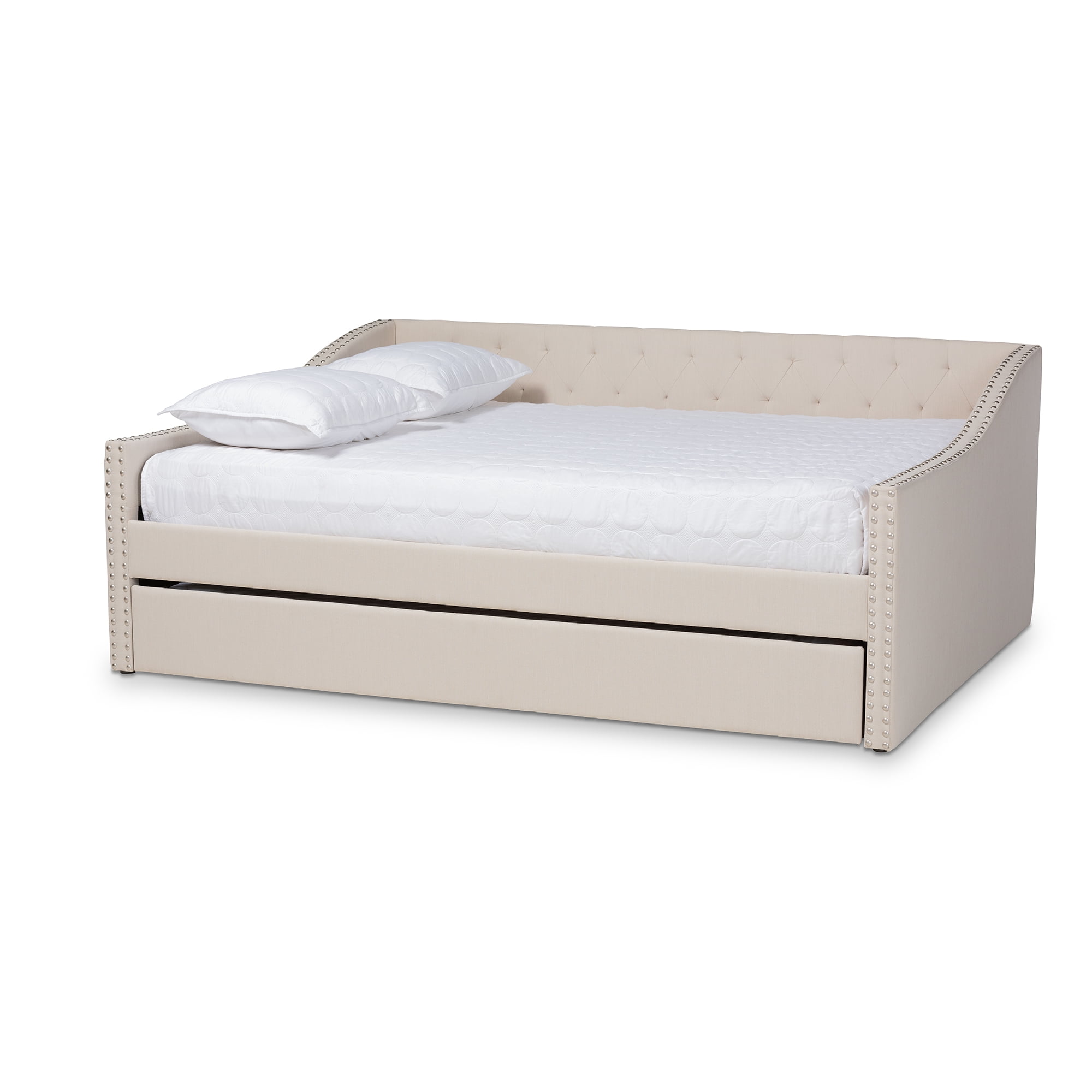 Baxton Studio Haylie Beige Upholstered Queen Size Daybed with Roll-Out Trundle Bed