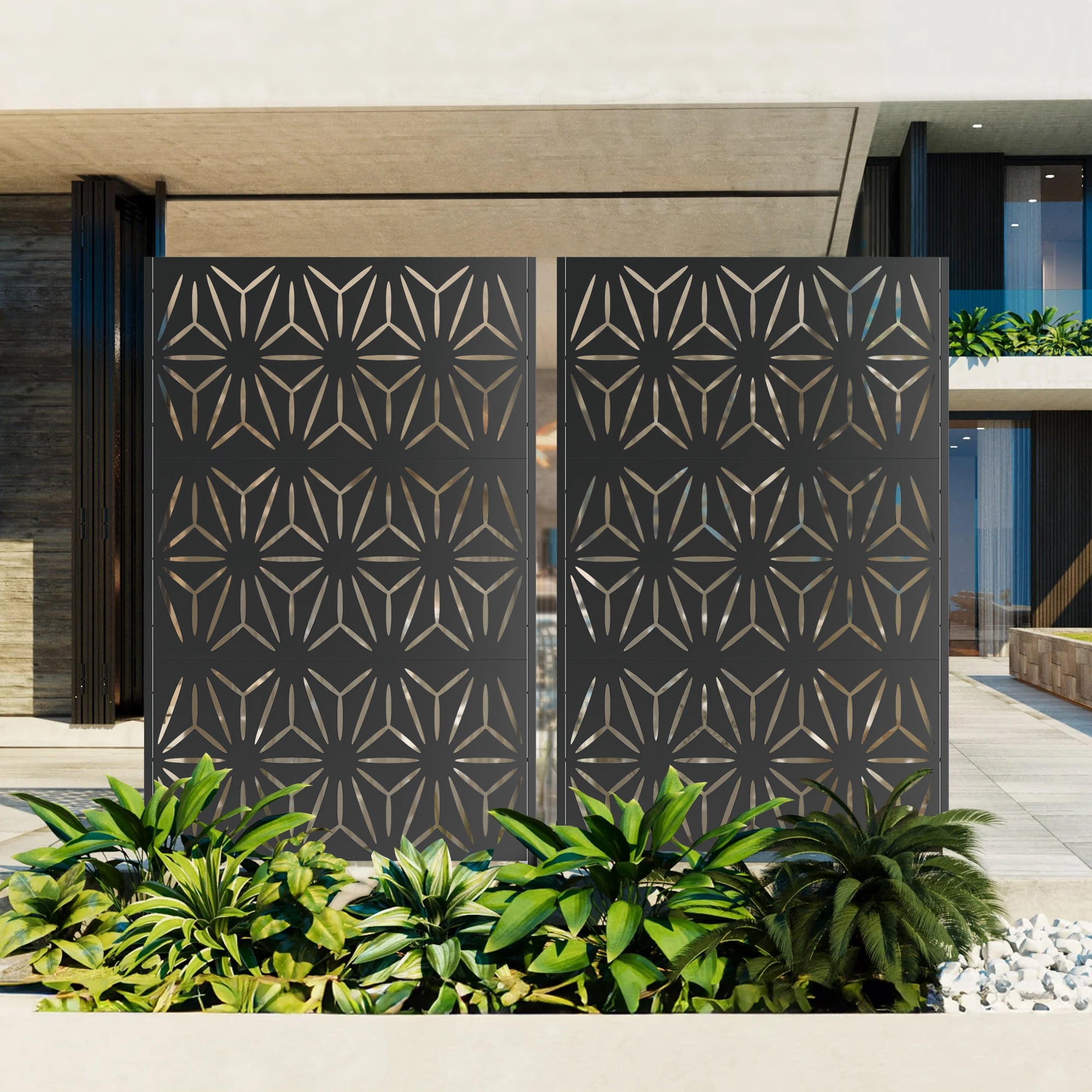 Outdoor Privacy Screen, 72x46 Inch Freestanding Metal Fence for Garden Backyard Patio Decor, Black