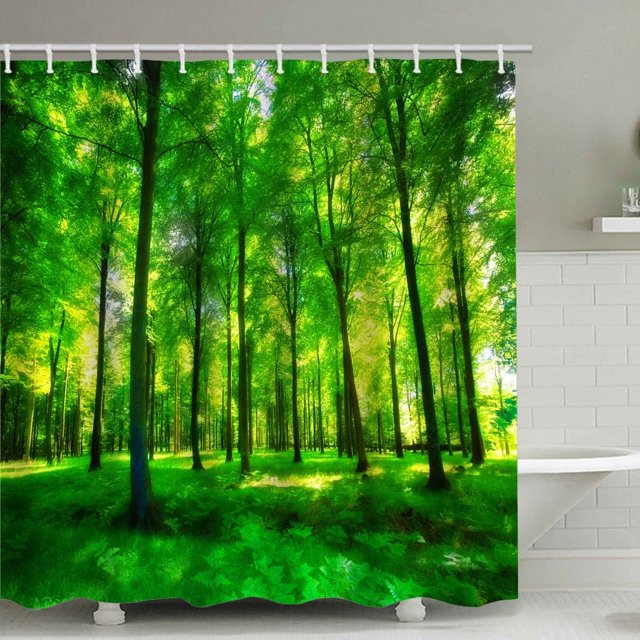 Un juego (madera verde) con 12 ganchos Cortina de ducha Impresión digital 3D de paisaje Cortinas de ducha impermeables resistentes al moho lavables, cortinas de baño de tela de poliéster verde