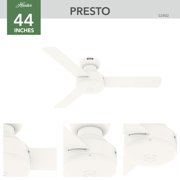 Hunter 44 inch Indoor Ceiling Fan No Light - White Modern Ceiling Fan without Light, 3 Blades, Low Profile Mount, For Bedroom, Living Room, or Kitchen, Wall Control - Presto 52402, Matte White