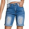 thumbnail image 2 of vigerkar Women High Waisted Stretch Bermuda Shorts Ripped Rolled Hem Jean Shorts Blue, M, 2 of 8