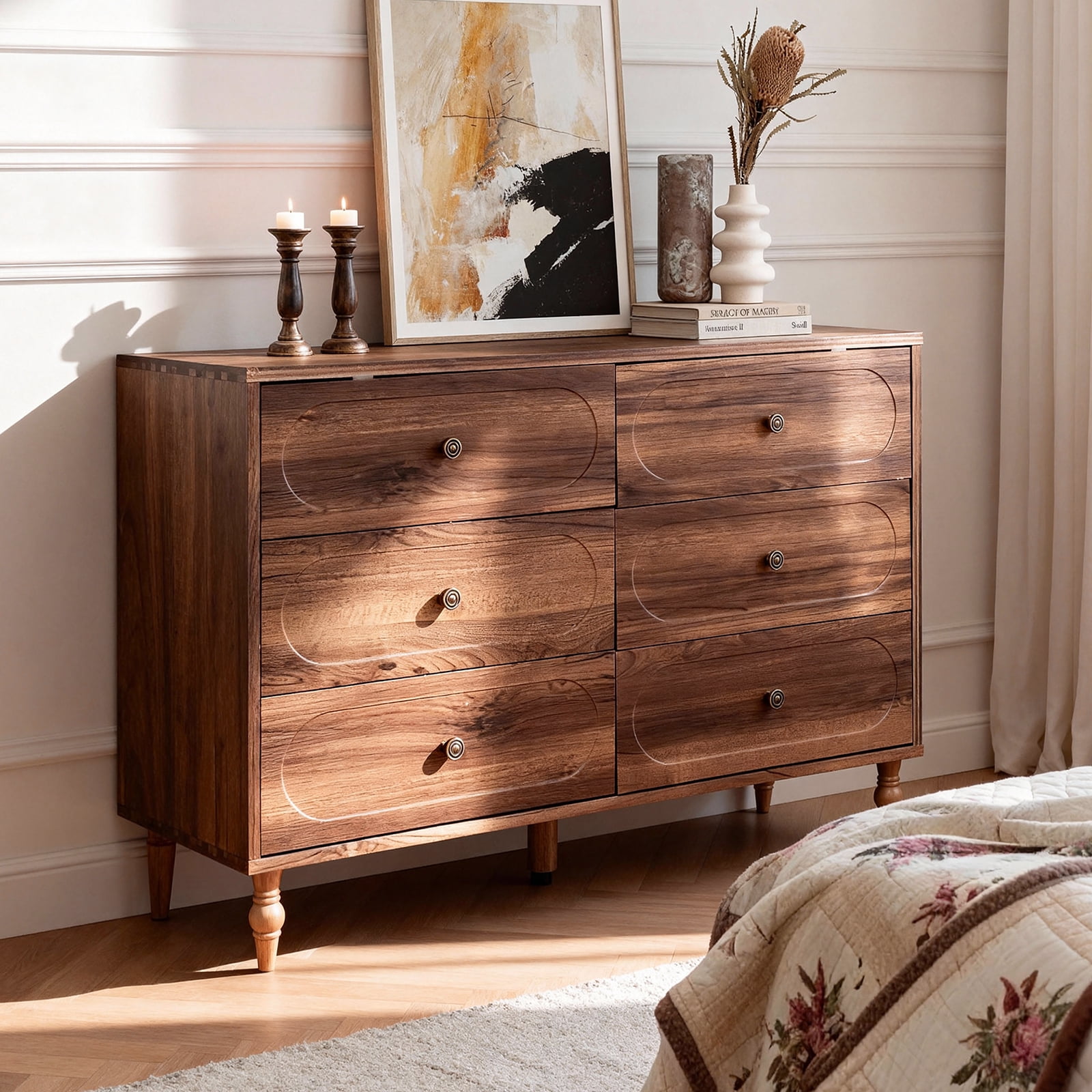 BERRY NEST 6 Drawer Dresser for Bedroom, 47" Wide Mid-Century Chest of Drawers with Solid Wood Legs, Dark Walnut Wood Dresser with 6 Storage Drawers for Bedroom, Living Room, TV Stand