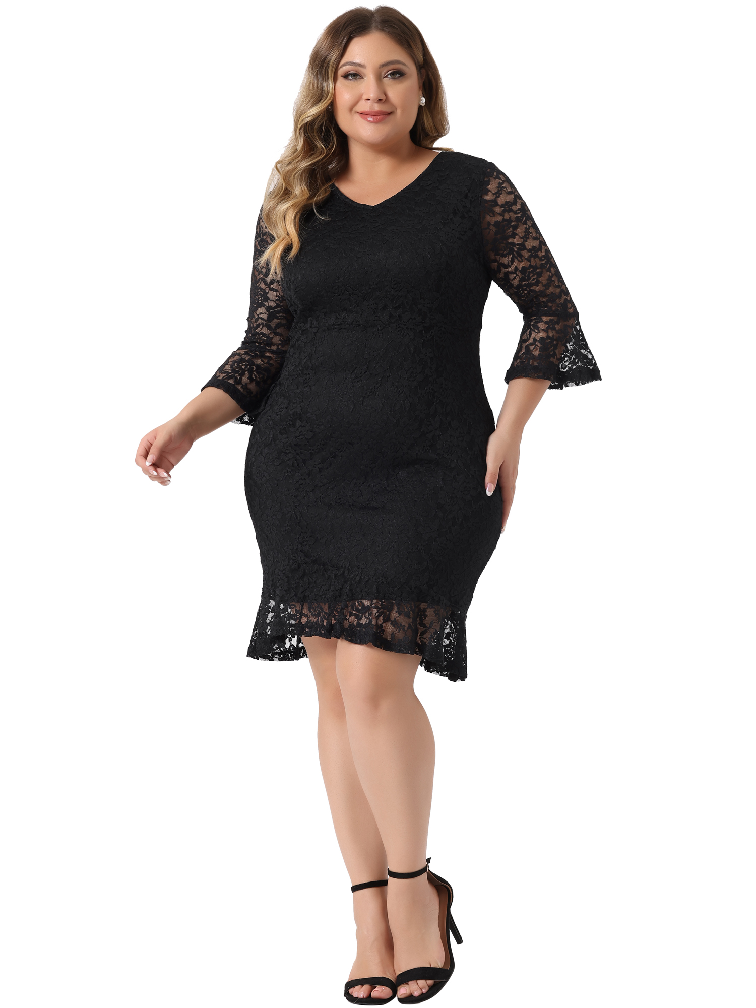 DARING DIVA Plus Size V Neck Ruffle Hem Lace Cocktail Dress 4X Black