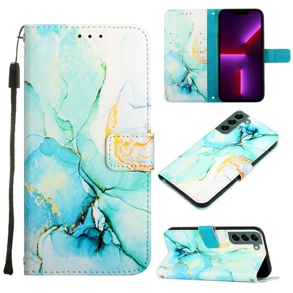 Nalacover for Samsung Galaxy S23 Plus PU Leather Wallet Case,Stylish Marble Pattern Magnetic Clasp Flip Kickstand Cash Pocket Wireless Charging Wrist Strap Cover for Girls Women,Blue