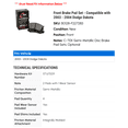 thumbnail image 2 of Front Brake Pad Set - Compatible with 2003 - 2004 Dodge Dakota, 2 of 2