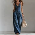 thumbnail image 2 of Denim Jumpsuit for Women V Neck Sleeveless Denim Wide Leg Overalls Casual Fitted Baggy Jumpsuit with Pockets High Waist Button Trendy Jumpsuit, 2 of 7