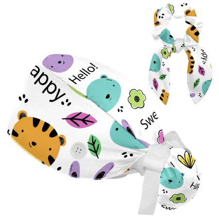 

Working Cap with Buttons and Sweatband Scrub Hat Bouffant Caps with Scrunchie Tiger Tie Back Hats