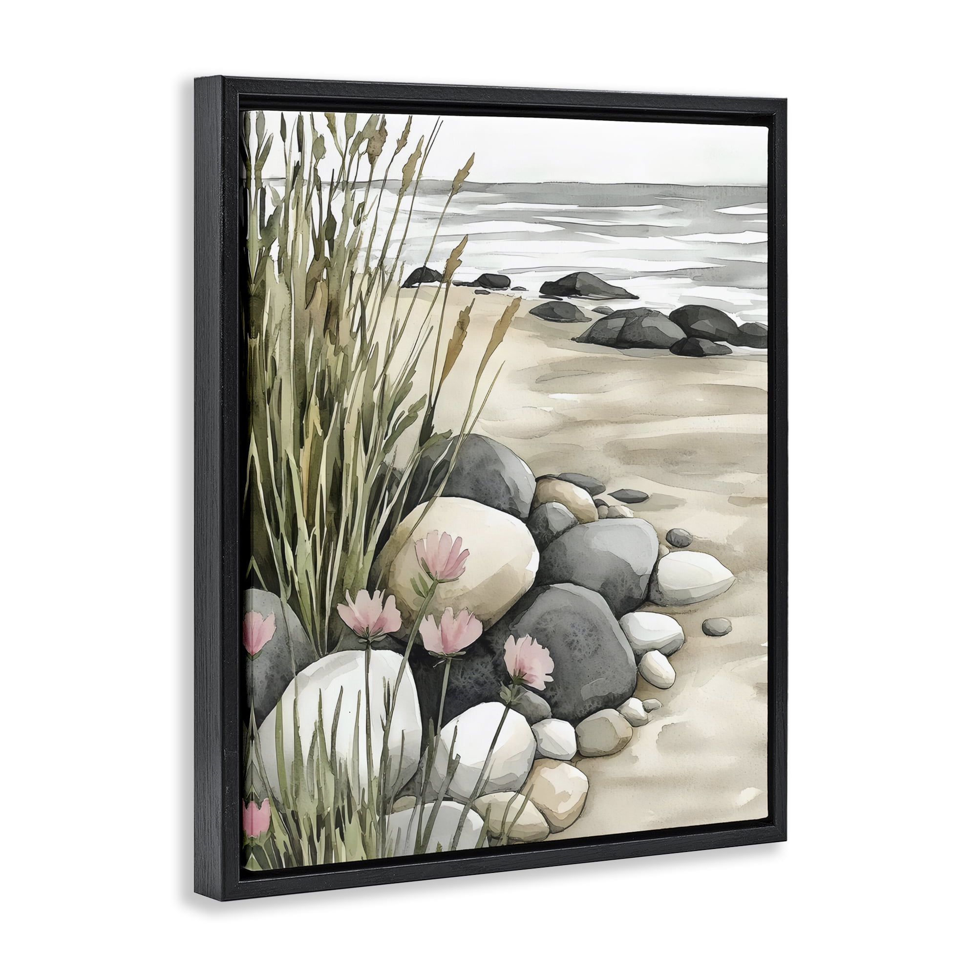 Stupell Industries Coastal Calm Pebbles Black Framed Floater Canvas Wall Art, design by Riley B