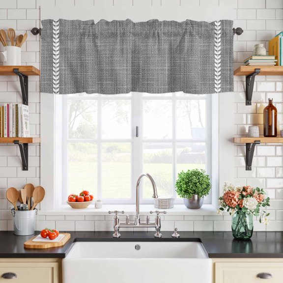Curtain Valance for Windows Country Gray Linen Texture Short Rod Pocket Kitchen Valances Blackout Curtains White Braided Leaves Window Treatment for Living Room Bathroom Bedroom,54"x18"