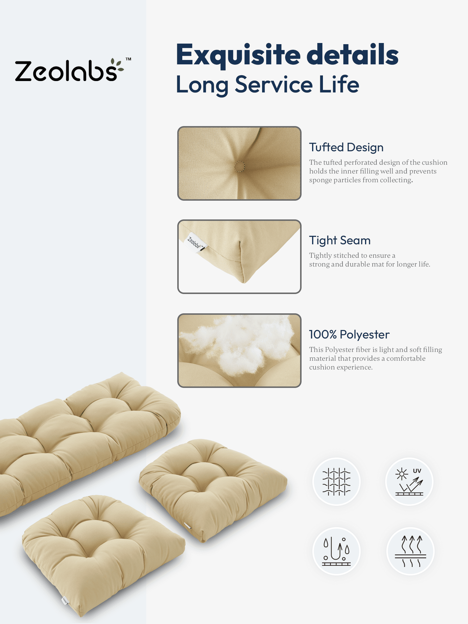 ZEOLABS Outdoor Wicker Chair Cushions of 3 Pieces Waterproof Tufted Seat Cushions set for Patio Furniture Sofa Bench Settee Couch, 1 Loveseat and 2 U-Shaped Cushions, Beige