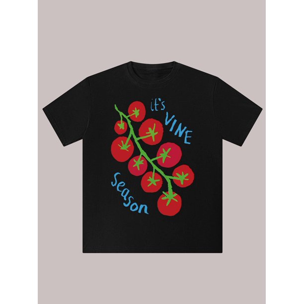 1pc Women Unisex Summer Casual Cotton T-Shirt with "It'S Vine Season" Tomato Print Crew Neck Slight Stretch Knit Fabric tee top