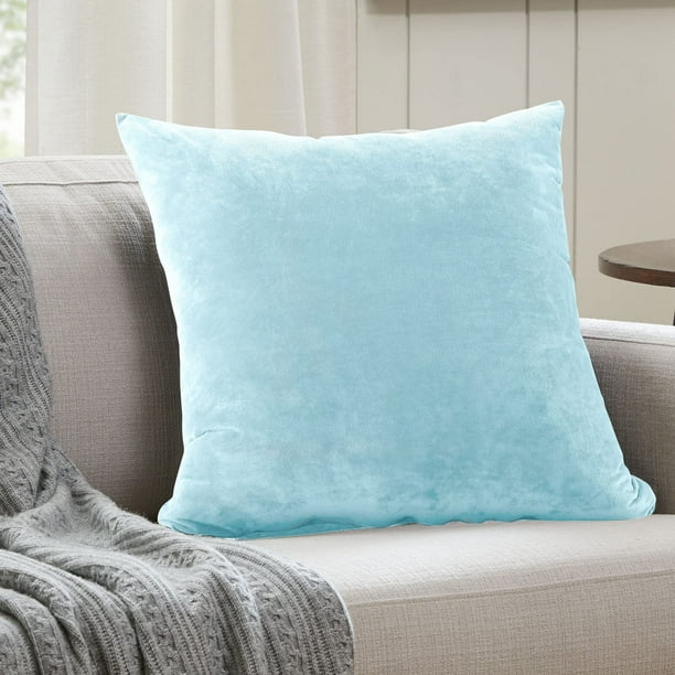 Funda de almohada EVOLIVE de microvisón suave, piel sintética y terciopelo sintético de repuesto con cierre de cremallera (funda europea de 26 x 26 pulgadas, azul claro)