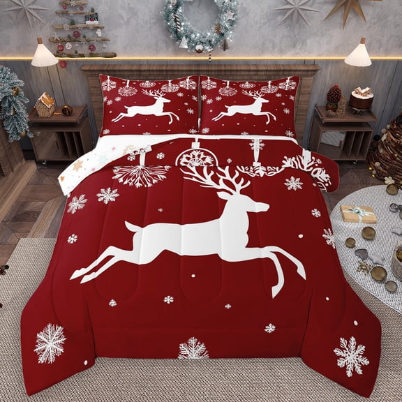 Manfei Wild Christmas Reindeer Bedding Comforter Set,Xmas Snwoflake Twin Comforter Sets,Red White Bedding Set For Girls Boys,Super Cozy Room Decor Reversible,2 Pieces