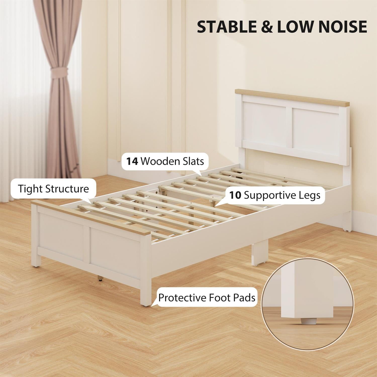 Demi Bonn Modern Twin Bedframe with Headboard, WoodSlat Design NoBoxSpringRequired, EasyAssembly Bed for Bedrooms, White