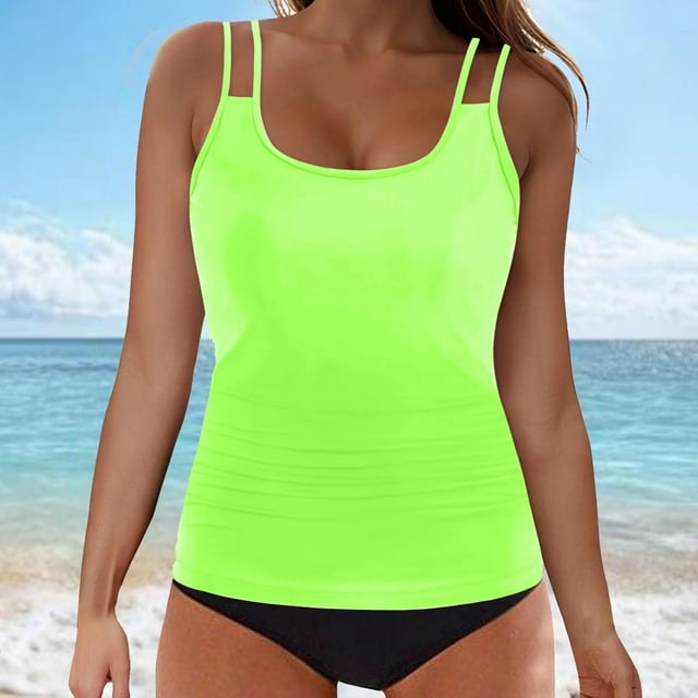 UPPADA UPPADAs Tankinis 2 Pcs pour Femmes, une-Pièces de Bain Unies à Col Ras du Cou, Taille Haute, Modestes, avec Shorts, Maillots de Plage Confortables pour les Vacances, Robes de Bain pour Femmes, Maillots de Bain Vert Menthe, 2TG