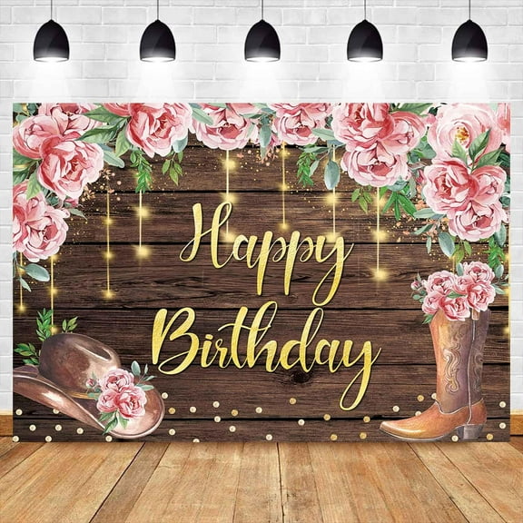 Western Cowgirl Theme Beautiful Birthday Backdrop Country Boot Hat Floral Glitter Brown Rustic Wooden Photography Background for Women Wild West Birthday Party Decorations Banner Props