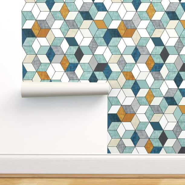 Peel-and-Stick Removable Wallpaper Hexagons, Navy Blue, Mint, Mustard