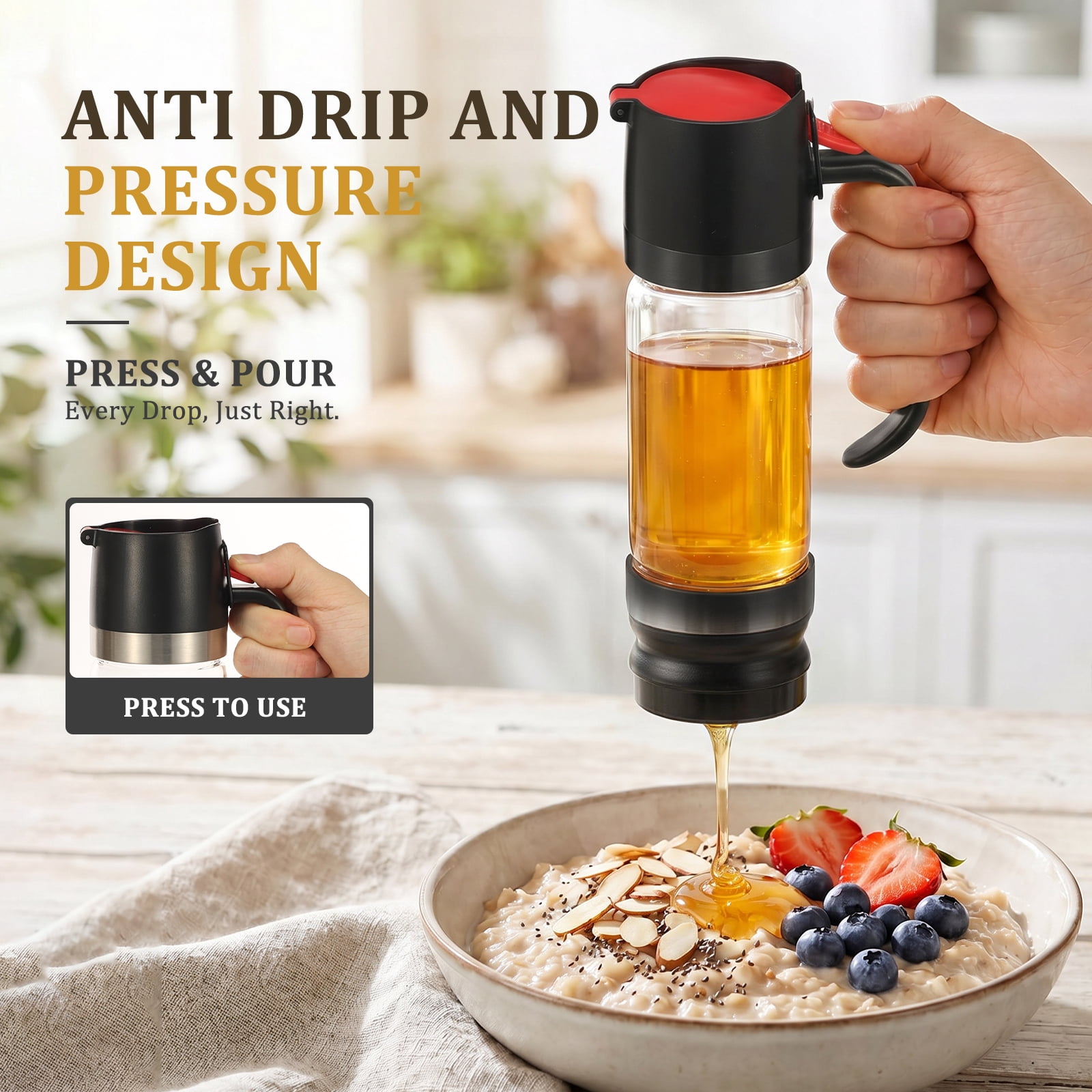 Toorise Glass Honey Dispenser 11.83oz No Drip Honey Jar with Handle Mess Free Glass Maple Syrup Dispenser for Coffee Tea Pancake