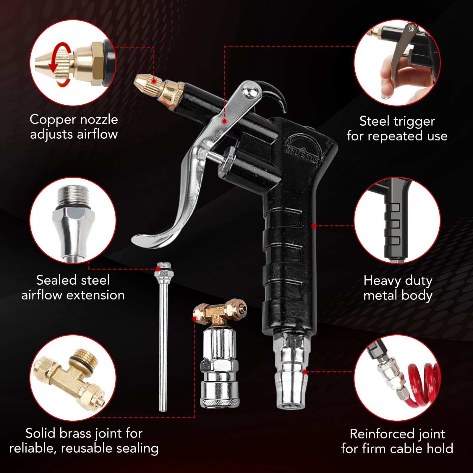 Filluck Air Blow Gun Kit, Heavy Duty Air Seat Blow Gun Kit for Truck Air Hose with 30FT (9M) Long Coil and Extended Dual Head Tire Air Chuck