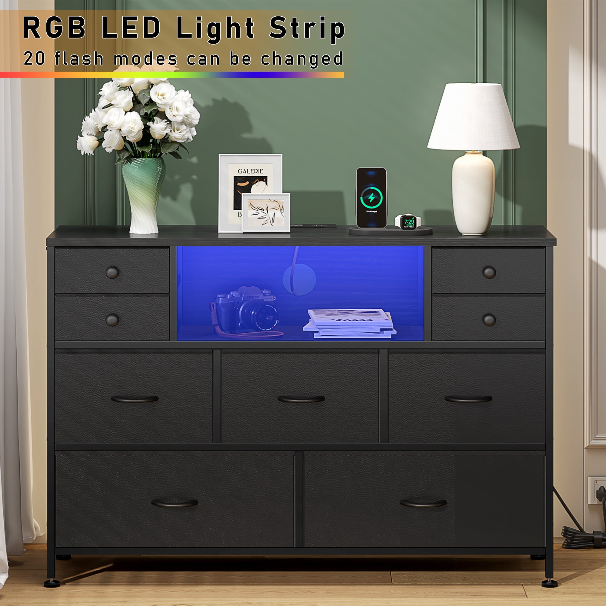 GIKPAL Dresser TV Stand for Bedroom, Black Dresser with LED Lights and Charging Station, Modern Dressers Chest of Drawers with 9 Storage Drawers for Living Room