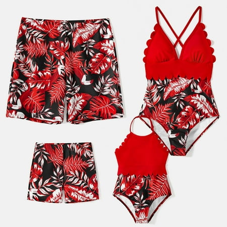 

PatPat Mommy and Me Family Matching Allover Plant Print Swim Trunks and Scallop Trim One-piece Swimsuit