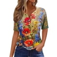 thumbnail image 1 of Camisetas de Verano de Manga Corta de las Mujeres Primavera Verano Casual Impreso Botón V-Cuello Superior, Marco de Imitación, 1 of 5