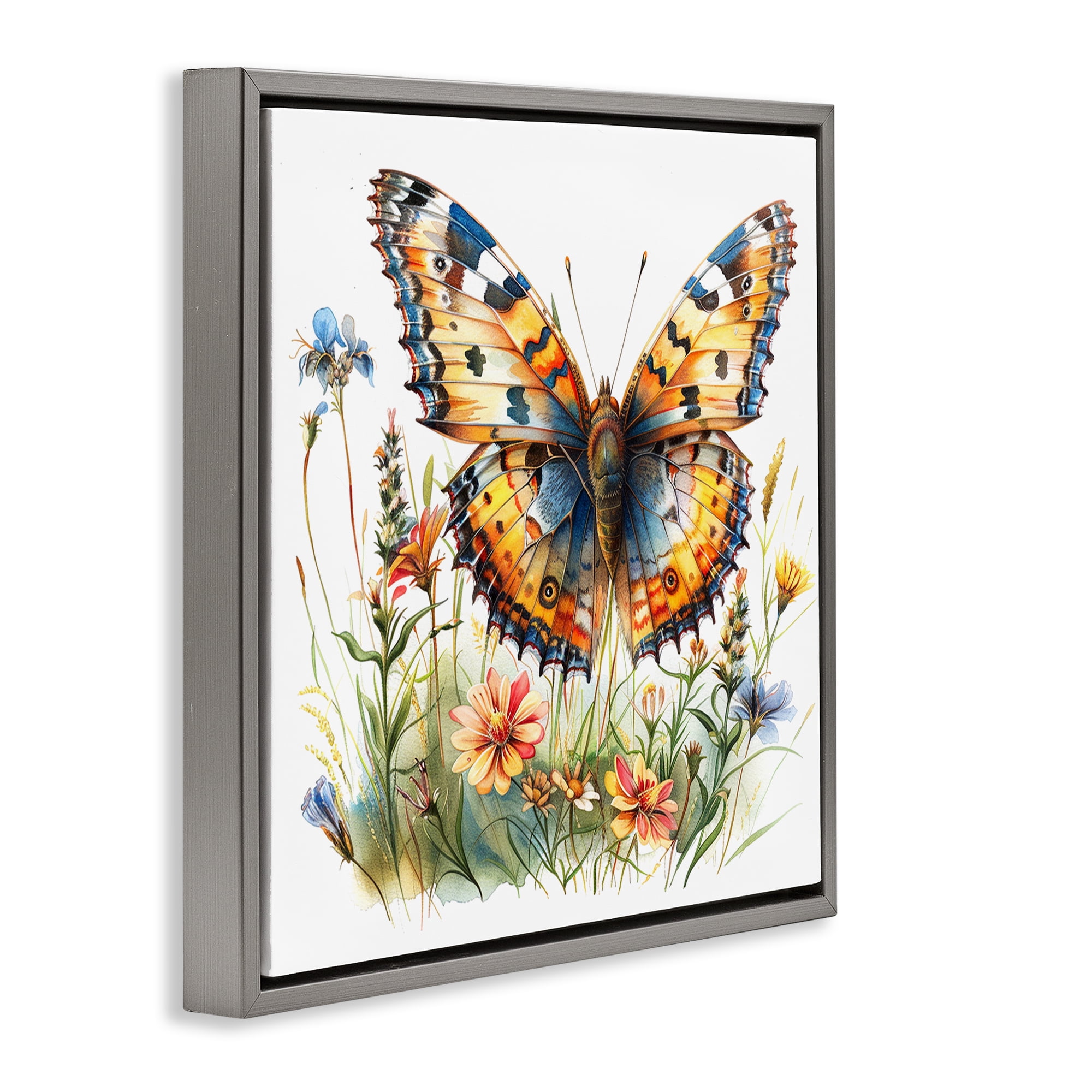 Stupell Industries Summer Garden & Butterfly Insects Painting Gray Floater Framed Canvas Art Print Wall Art, 25 x 25