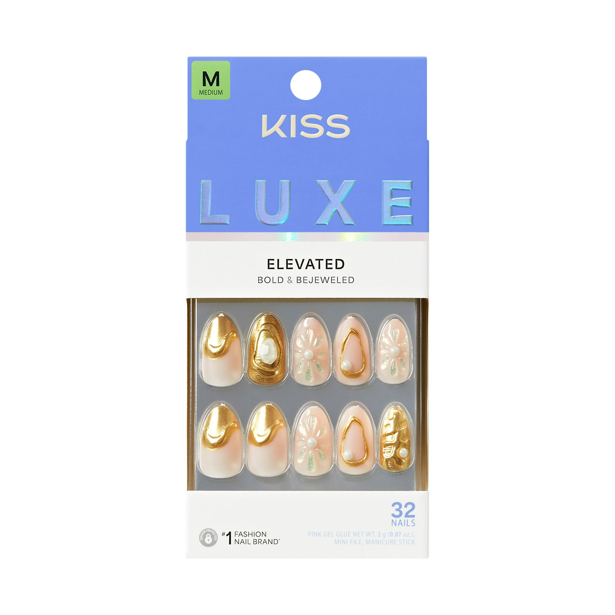 Kiss Luxe Medium Almond Press-On Nails, Gold, 32 Pieces