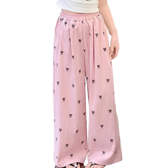 OGLCCG Girls Wide Leg Pants Loose Fit Elastic Waist Bow Pants Casual Flowy Trousers with Pockets 5-15 Years