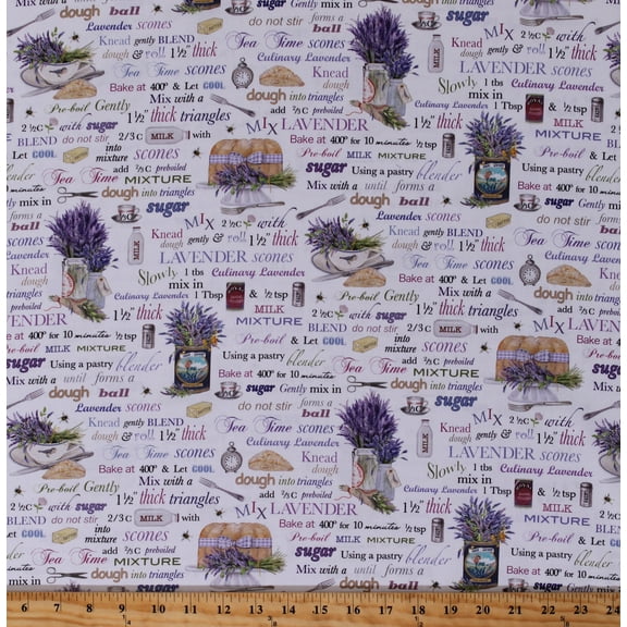 Cotton Kitchen Baking Food Recipe Book Lavender Flowers Scones Pastry Chef Purple Everyday Favorites Digital Cotton Fabric Print by the Yard (AMK-17448-23)