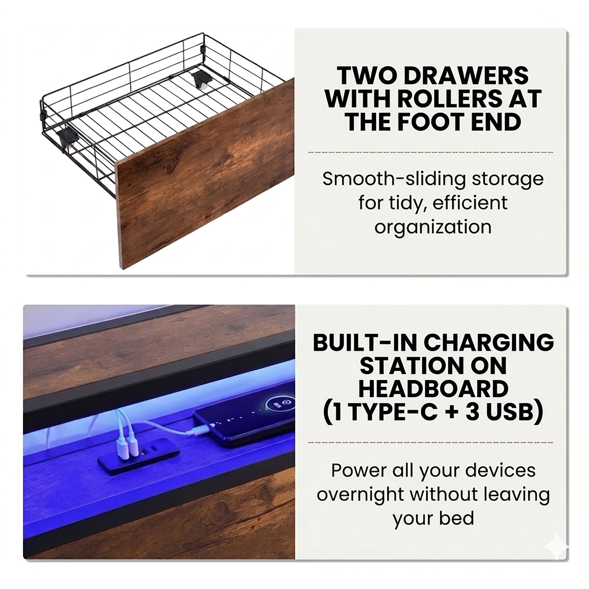 Omniberg Queen Size Bed Frame with LED Lights Storage Headboard, Footboard & Charging Station, Noise-Free Haevy Duty Metal Platform Bed with 2 Storage Drawers, Easy Assembly, No Box Spring Needed