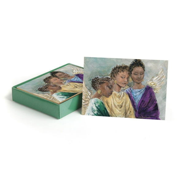 Masterpiece Three Angels Ethnic Christmas Cards / 16 Holiday Cards With Coordinating Gold Envelopes / 5 5/8" x 7 7/8" Folded Greeting Cards With Inside Verse