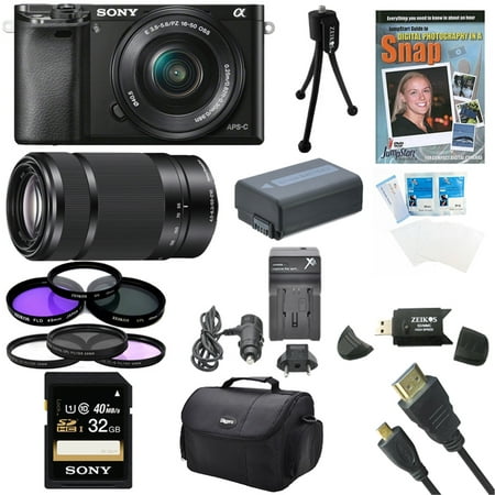 Sony a6000 ILCE6000LB ILCE-6000L/B ILCE6000 Alpha a6000 24.3 Interchangeable Lens Camera with 16-50mm Power Zoom Lens BUNDLE with SEL 55-210 (Black), Sony 32GB Class 10 Card, Spare Battery