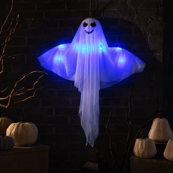 SLYNSHome Light Up Hanging Ghost Ornament, White Gauze Glowing Ghost Decor, Spooky Hanging Prop For Front Door Yard Porch Indoor Outdoor Halloween Holiday Party Decoration