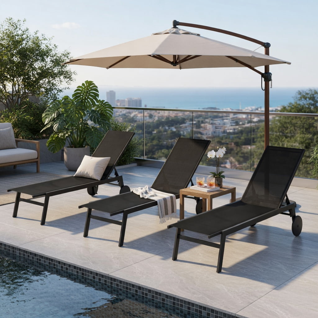 Hommoo 2-Pack Patio Chaise Lounge Chairs with 6-Position Adjustable Backrest, Rolling Wheels & Sturdy Metal Frame for Poolside, Deck & Backyard, Black