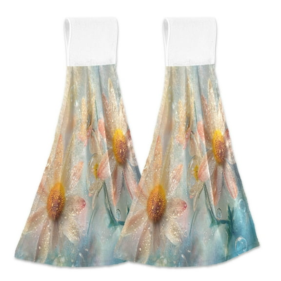 BZSMCE Hanging Hand Towels Fashion Flowers with Raindrops Pattern 2-Pack - Velcro Style Bathroom Kitchen Towels