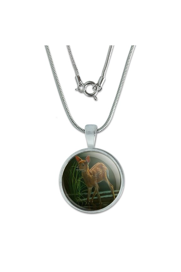 White-Tailed Fawn Alert Baby Deer 0.75" Pendant with Sterling Silver Plated Chain