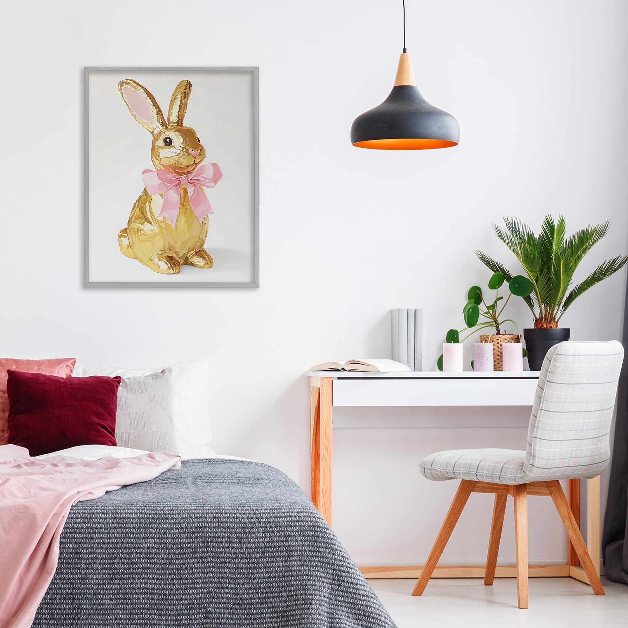Stupell Industries Golden Easter Bunny with Ribbon Gray Framed Giclee Art, design by The Prints Vibe