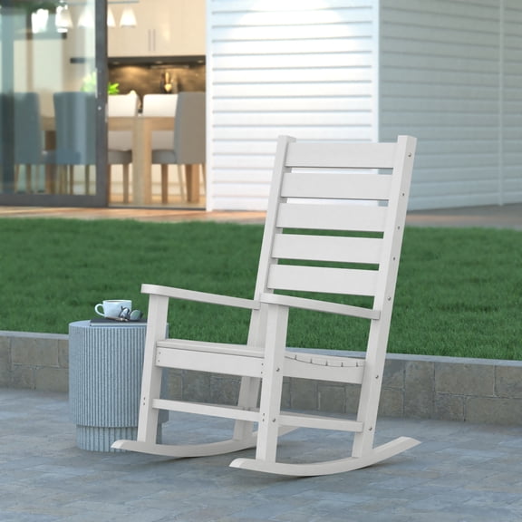 Emma Oliver Contemporary Rocking Chair, All-Weather HDPE Indoor/Outdoor Rocker in White