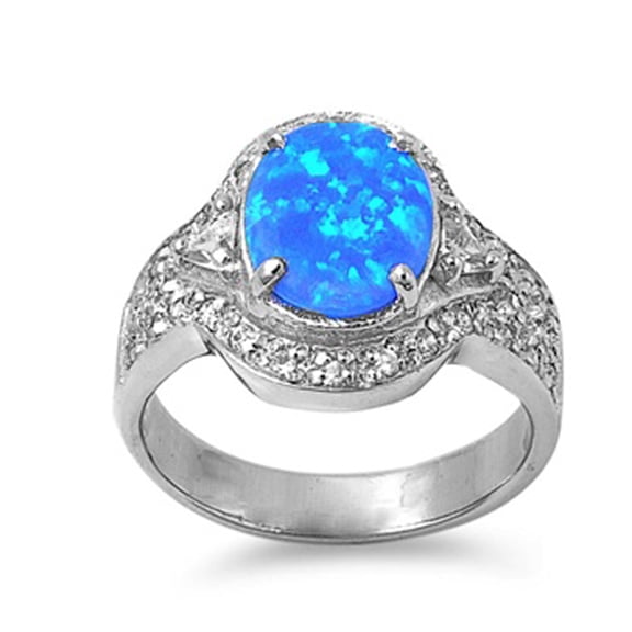 Blue Simulated Opal Elegant Unique Solitaire Ring ( Sizes 5 6 7 8 9 ) .925 Sterling Silver Band Rings (Size 7)
