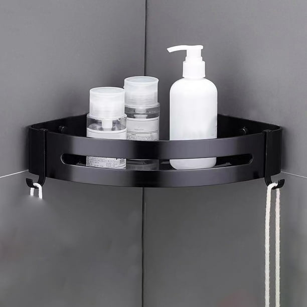 Estante de almacenamiento de ducha sin perforaciones Estantes de almacenamiento de esquina de baño de aleación de aluminio para el hogar Triangular Negro