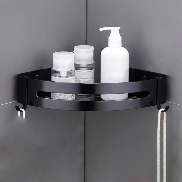 Estante de ducha sin perforaciones, de aleación de aluminio, para baño, esquinero, triangular, negro