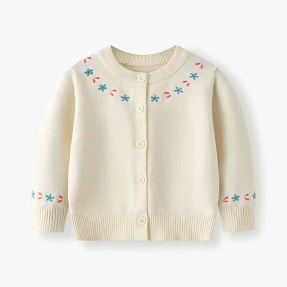Girls Eyelet Knit Cardigan Long Sleeve Button Front Crew Neck Sweater with Print Detail for Kids Beige A 7-8 Years