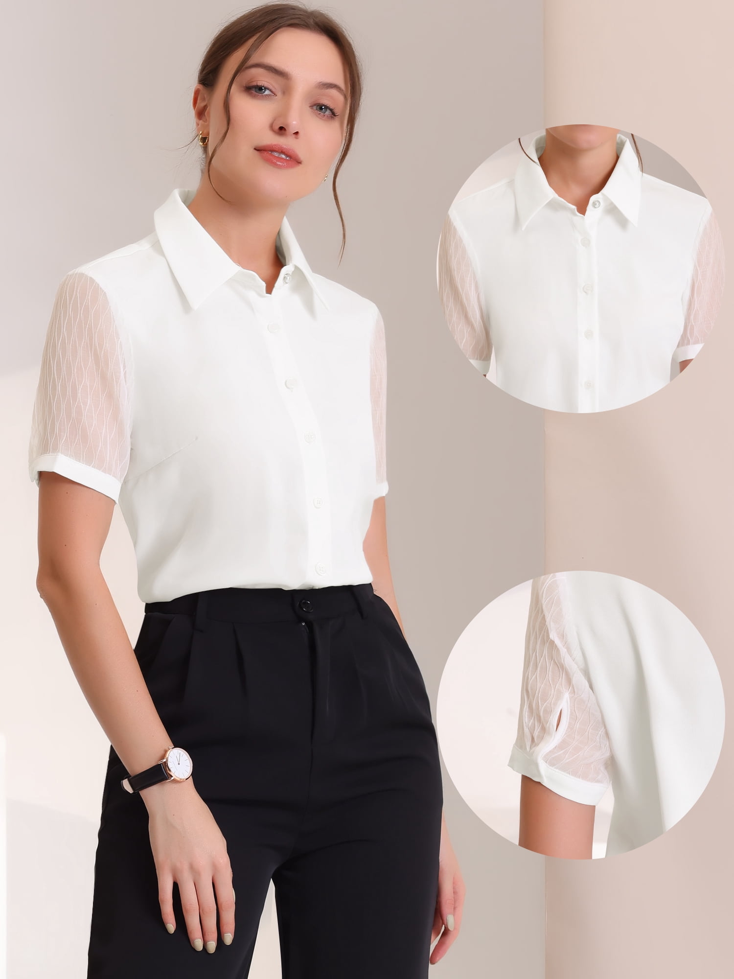 DARING DIVA Women's Button Down Sheer Short Sleeve Point Collar Work Shirt  XS White